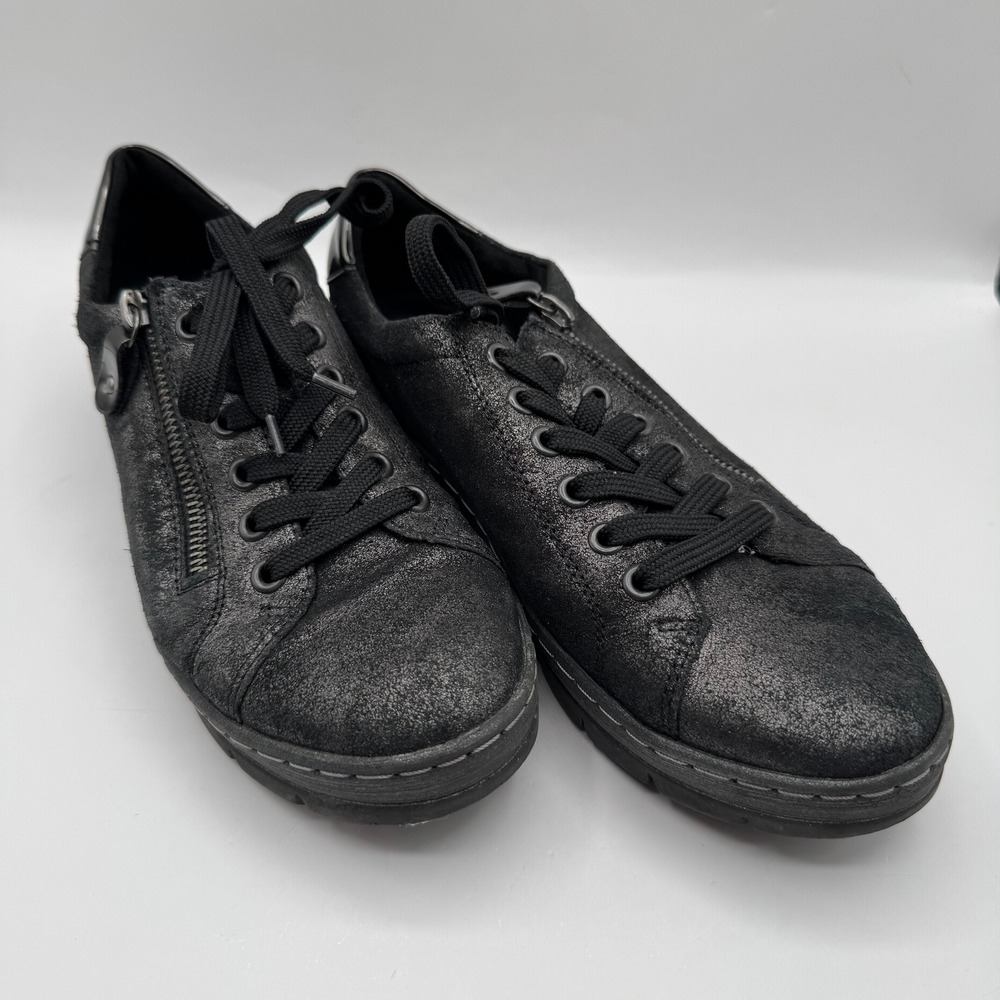 Remonte Sneakers Womens 39 Black Metallic Leather Side Zip Low Top Comfort Shoes
